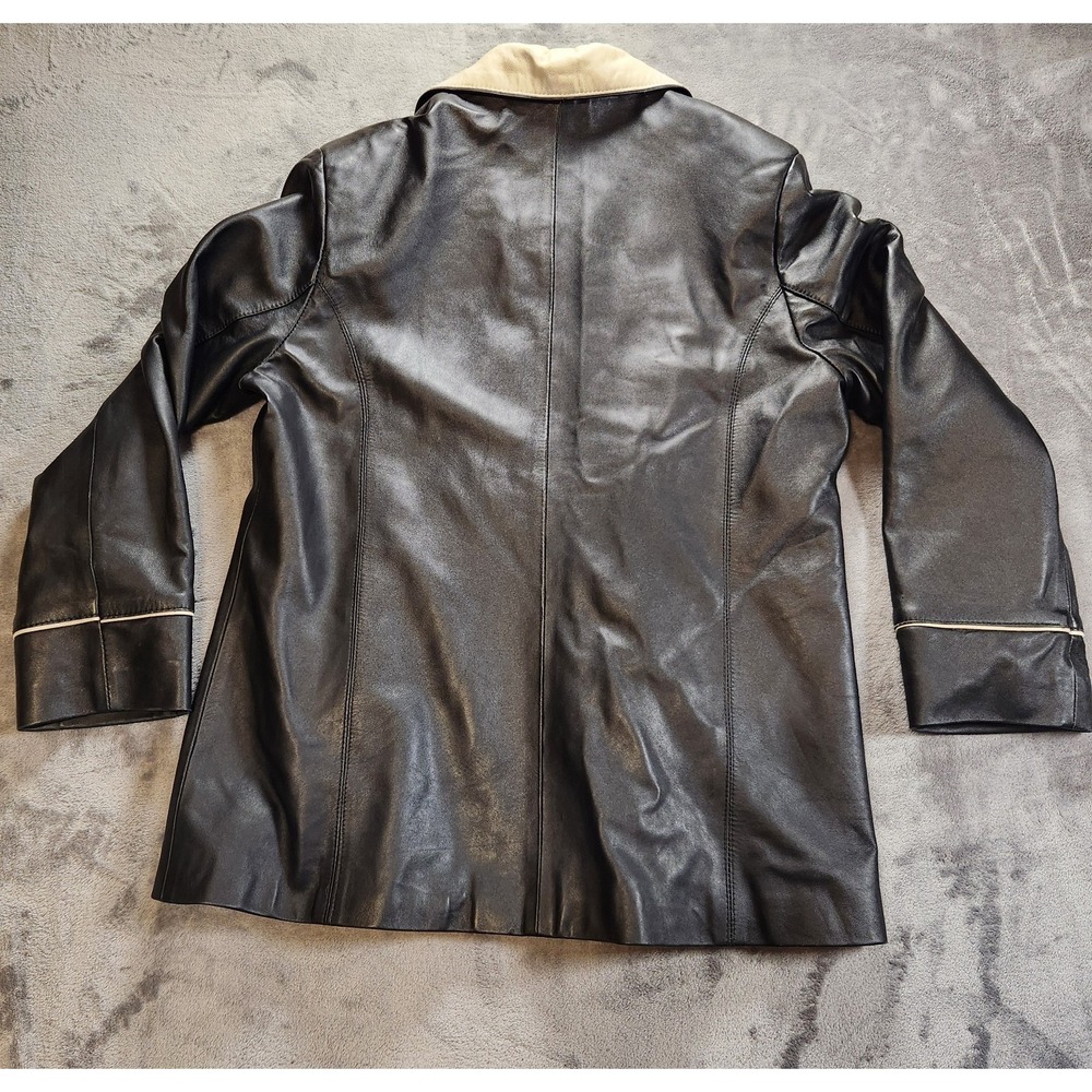 Chevignon Jacket Womens XL Black White Leather Two Tone Contrast‎ Car Coat VTG - Picture 2 of 7